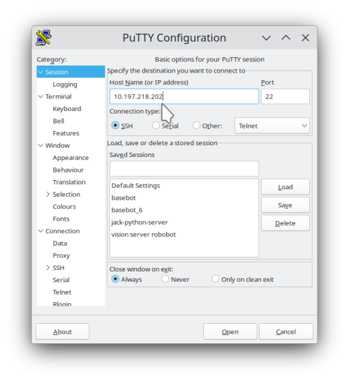 Putty setup for SSH connection and IP