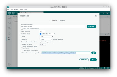 "Arduino preferences with additional board manager URL"